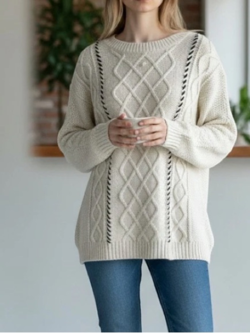 LA LIGNE Sweater Women 1X Cream Diamond Cable Knit Fisherman Crew Neck Chunky